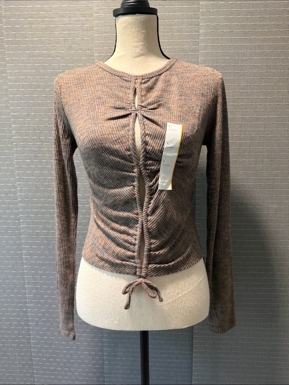 Wild Fable Heathered Brown Shirred Long Sleeve Top